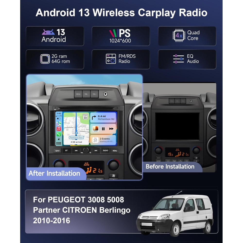 Автомагнитола Podofo для Peugeot 3008/5008/Partner и Citroën Berlingo 2010–2016