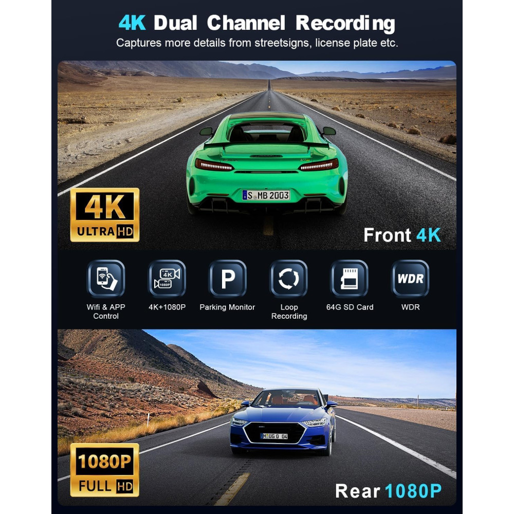 Уценка! Автомобильный видеорегистратор Zhiroad Q20 4K WiFi передняя и задняя камера 64GB