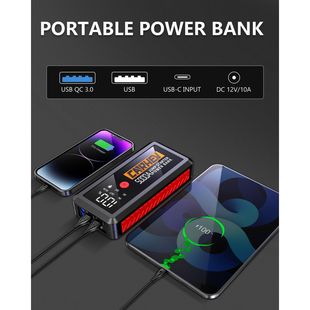 Пусковое устройство CARHEV 5000A 26800mAh для авто 12V с фонарем