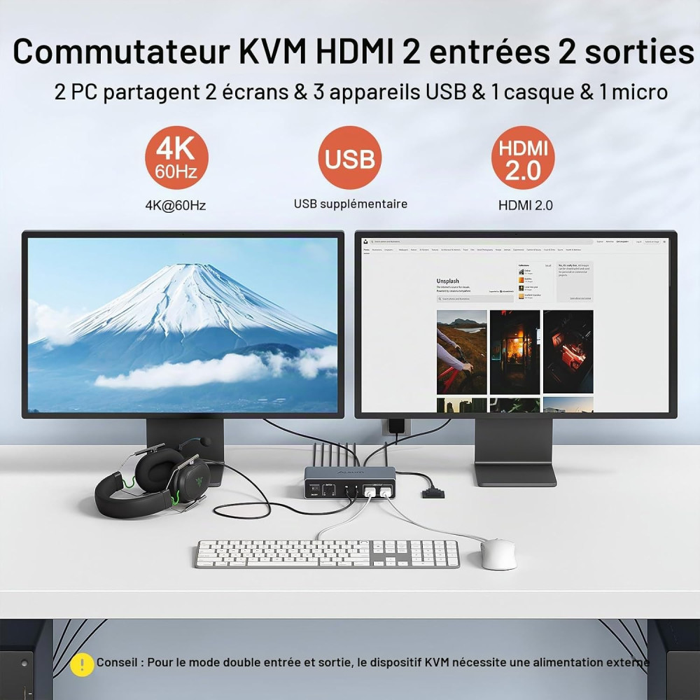 KVM перемикач Alxum 2 комп'ютери 2 монітори 4K 60Hz USB 3.0 HDMI