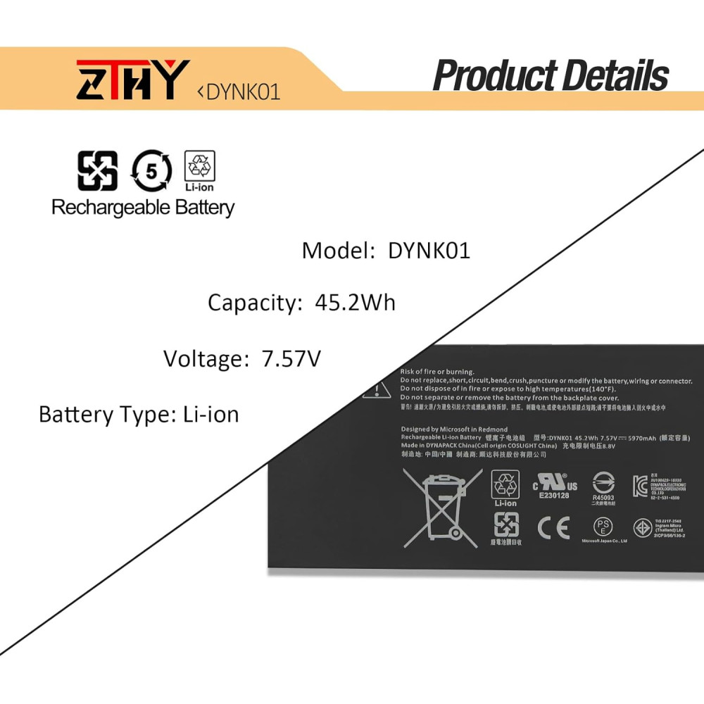 Акумулятор K KYUER DYNK01 G3HTA036H 5970mAh для Microsoft Surface Laptop та Surface Book 45 2Wh 5970mAh