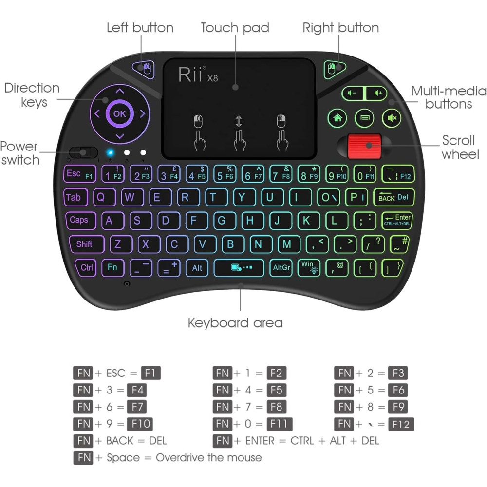 Бездротова міні-клавіатура Rii X8 з тачпадом підсвіткою RGB та акумулятором