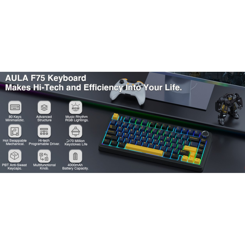 Механічна бездротова клавіатура AULA F75 75% RGB Hot Swap 2,4GHz