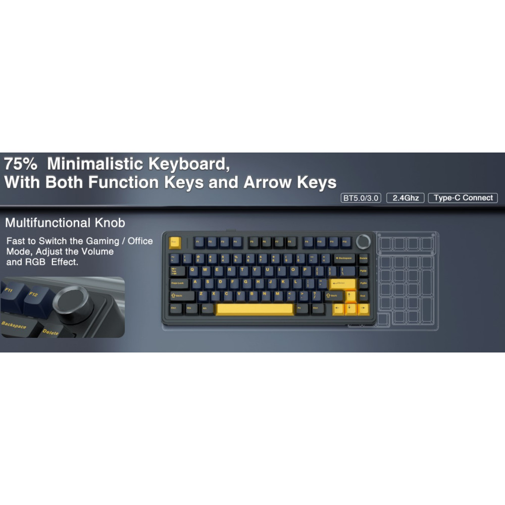 Механічна бездротова клавіатура AULA F75 75% RGB Hot Swap 2,4GHz
