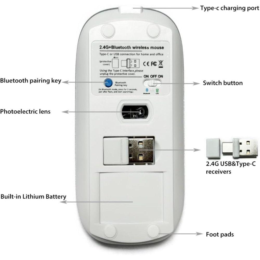 Беспроводная мышь KLO Bluetooth+ USB+Type-C для ноутбука MacBook ПК iPad