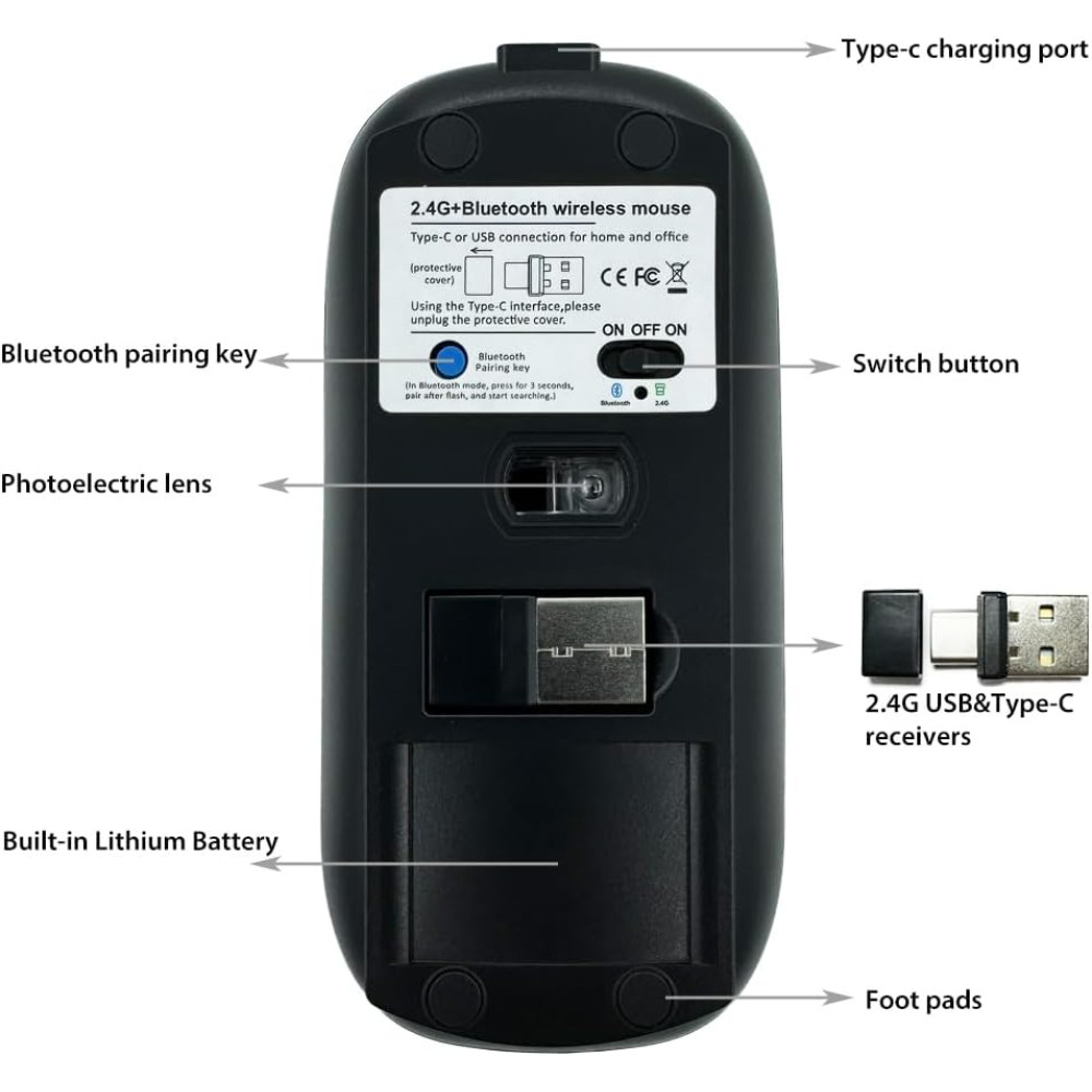 Беспроводная мышь KLO K8 Bluetooth+ USB+Type-C для ноутбука MacBook ПК iPad