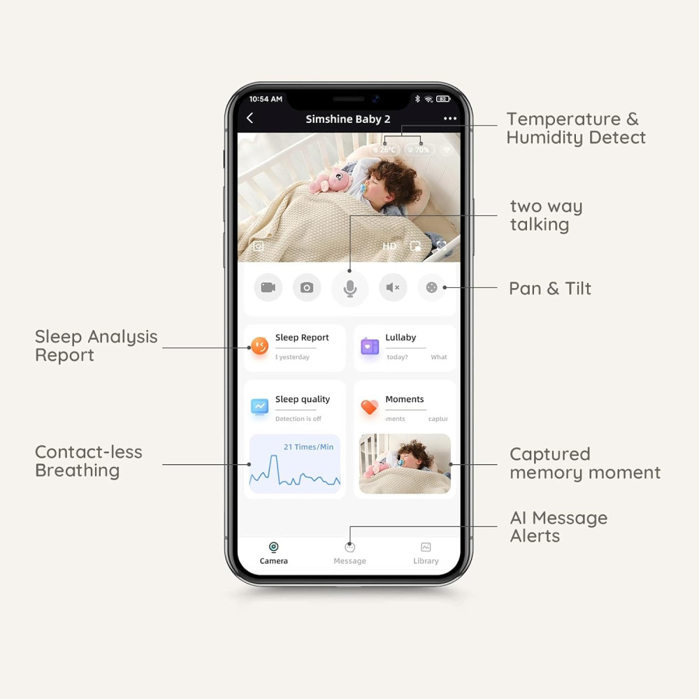 Видеоняня Simshine BabyPro2 2K с ночным видением датчиком дыхания и AI-успокоением