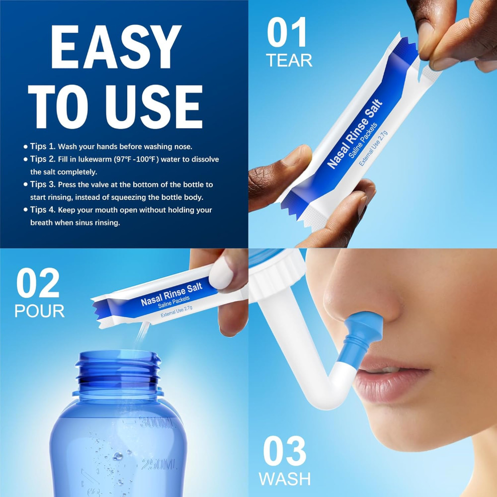 Бутылка для промывания носа MAOEVER Yt-300 Neti Pot, 300 мл с 30 пакетиками соли для промывания носа (синего цвета)