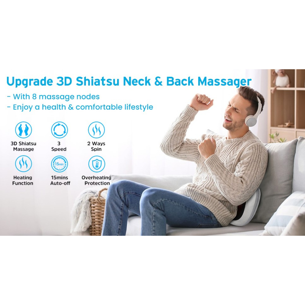 Массажная подушка Shiatsu ROIPUS с подогревом для шеи плеч и спины с 3 скоростями