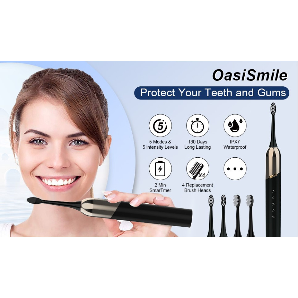 Электрическая ультразвуковая зубная щетка OasiSmile 50 000 вибраций в минуту с 4 насадками Duponts и 5 режимов