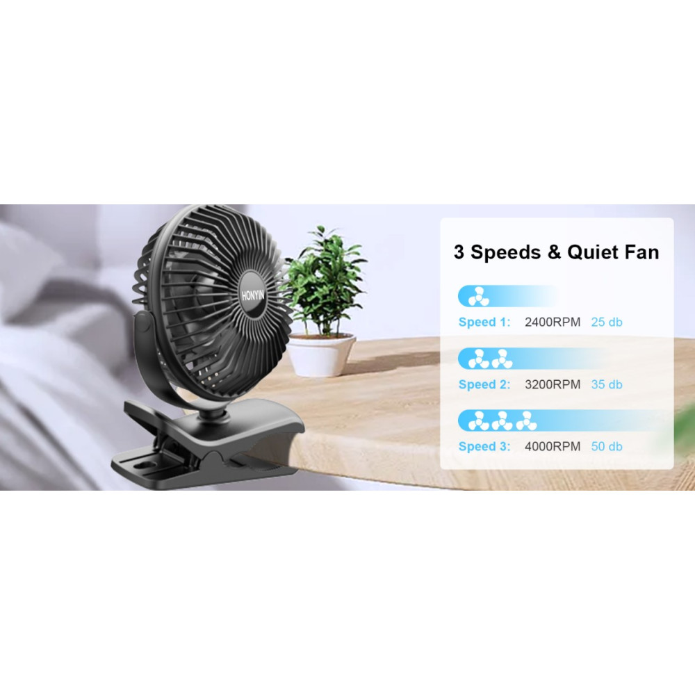 Мини вентилятор HONYIN USB Clip Fan 2в1 с 3 скоростями и 720° поворот