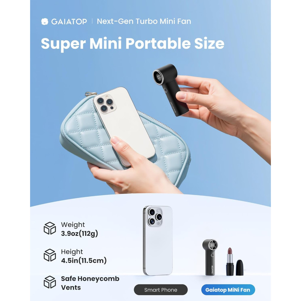 Ручной мини вентилятор Gaiatop 4000mAh 1-100 скоростей с дисплеем
