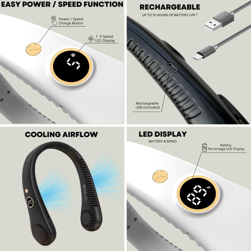 Портативный шейный вентилятор AireLux 5 скоростей LED дисплей
