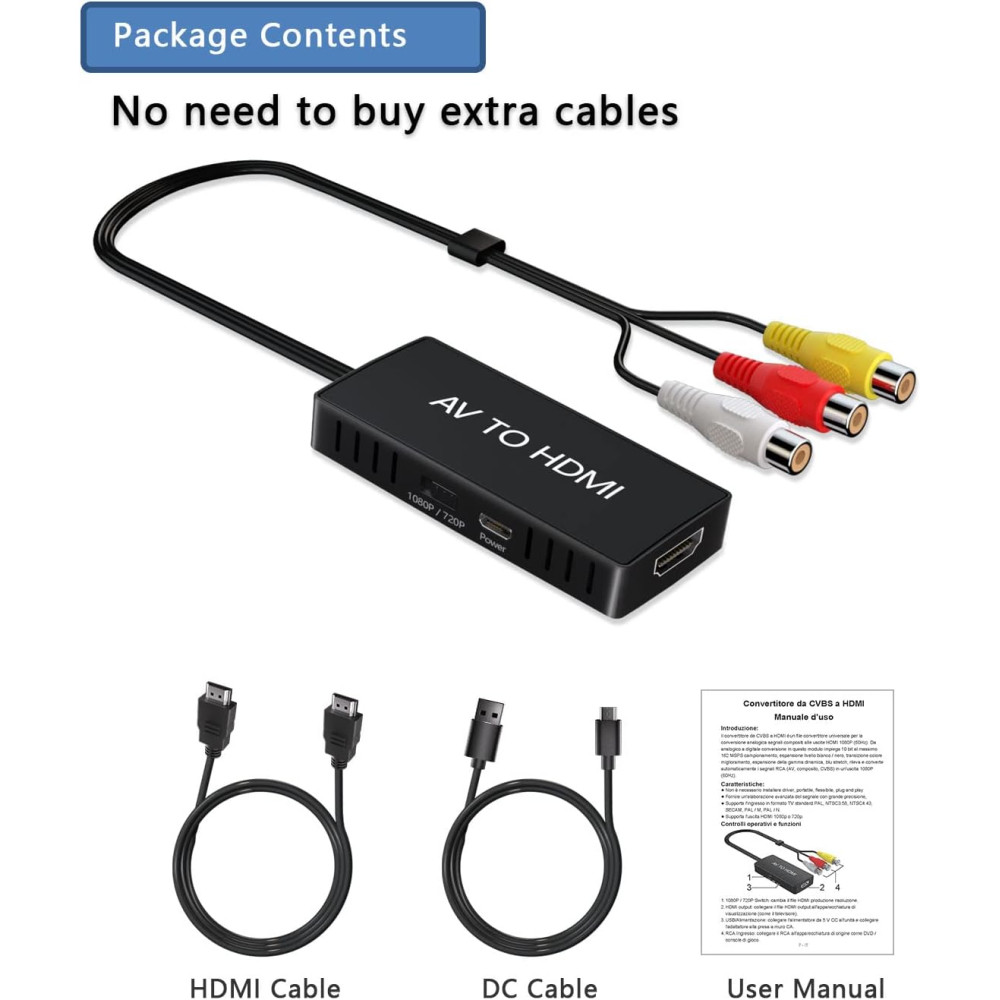 Преобразователь RCA в HDMI, AV в HDMI, мини-адаптер композитного сигнала 1080P в HDMI, поддержка PAL/NTSC 