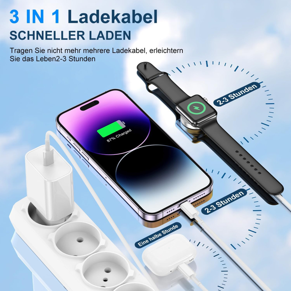 Кабель Yievis для зарядки Apple Watch 3-в-1 (2 м, 20 Вт) для Apple Watch с кабелем iWatch, быстрое зарядное USB C с кабелем Type C 