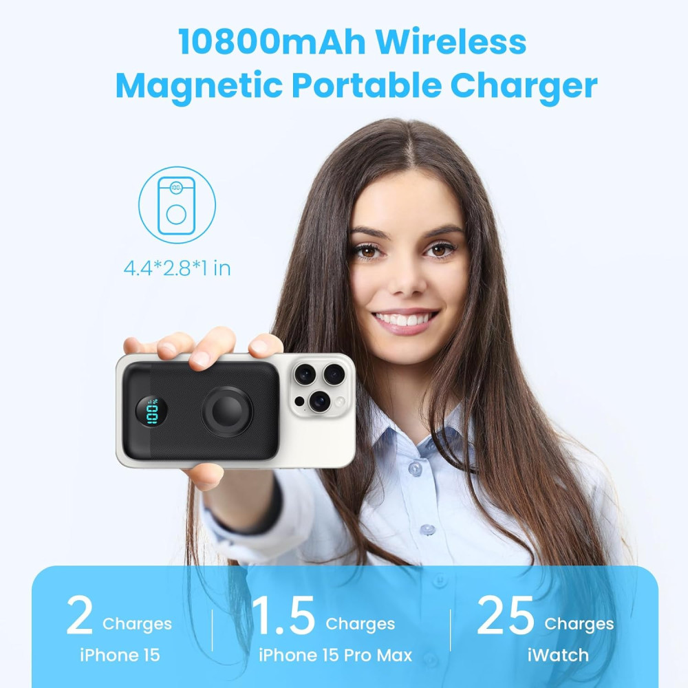 Магнитное зарядное устройство 10800 мА·ч, 4-в-1, iPhone 16/15/14/13/12 серий, Apple Watch