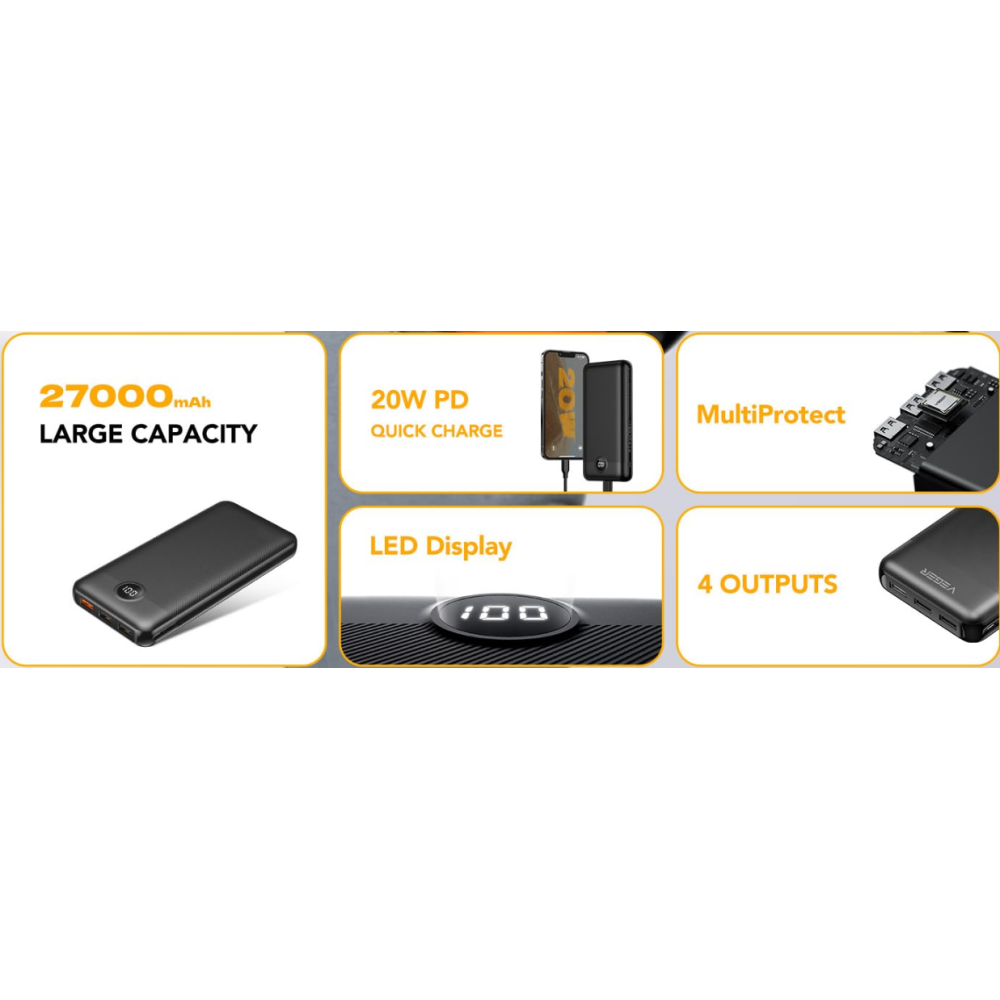 VEGER Power Bank Повербанк 27000 мАч 20 Вт быстрая зарядка, USB C, PD&QC 3.0