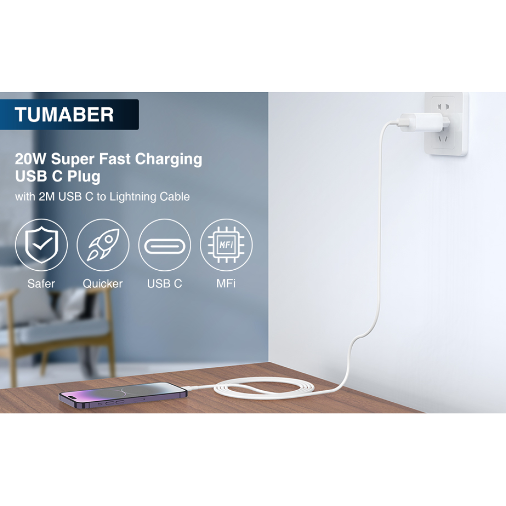 Швидкий зарядний пристрій TUMABER для iPhone, 20 Вт, кабель USB C довжиною 2 м для Apple iPhone