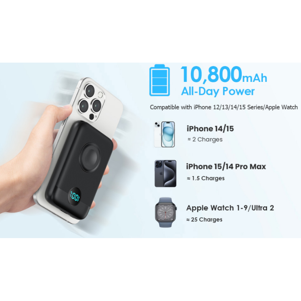 Магнитное зарядное устройство 10800 мА·ч, 4-в-1, iPhone 16/15/14/13/12 серий, Apple Watch
