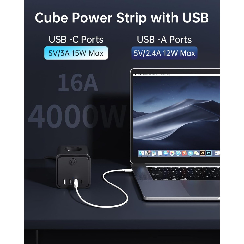 Сетевой фильтр 7в1 тройник с выключателем Sameriver адаптер с USB Type C и быстрой зарядкой