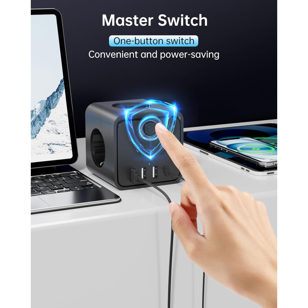 Сетевой фильтр 7в1 тройник с выключателем Sameriver адаптер с USB Type C и быстрой зарядкой