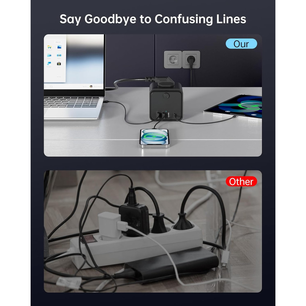 Сетевой фильтр 7в1 тройник с выключателем Sameriver адаптер с USB Type C и быстрой зарядкой