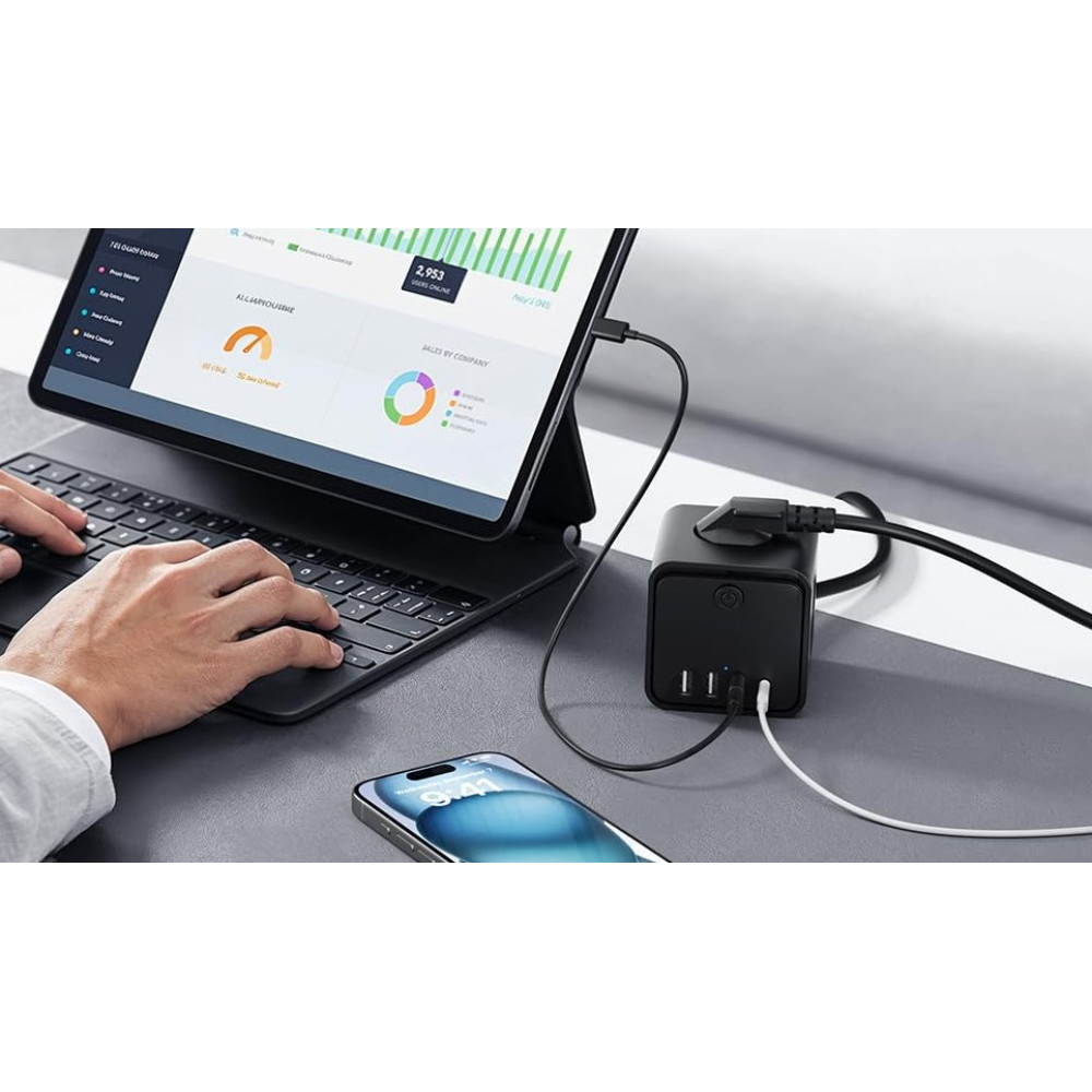 Сетевой фильтр 7в1 тройник с выключателем Sameriver адаптер с USB Type C и быстрой зарядкой