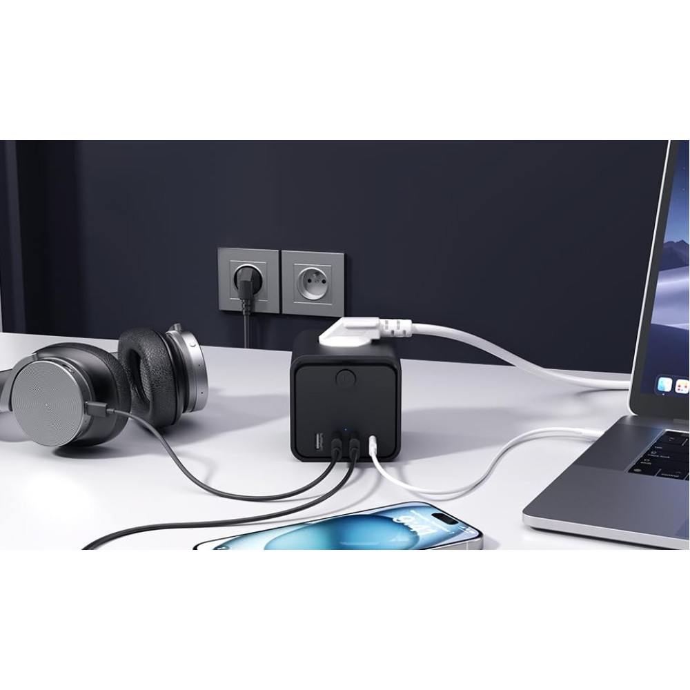 Сетевой фильтр 7в1 тройник с выключателем Sameriver адаптер с USB Type C и быстрой зарядкой