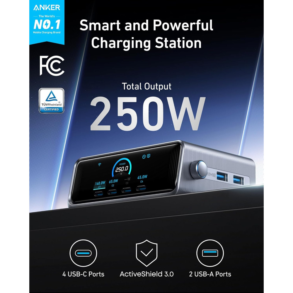 Зарядная станция Anker Prime 250W 6 портов USB и LCD-дисплей