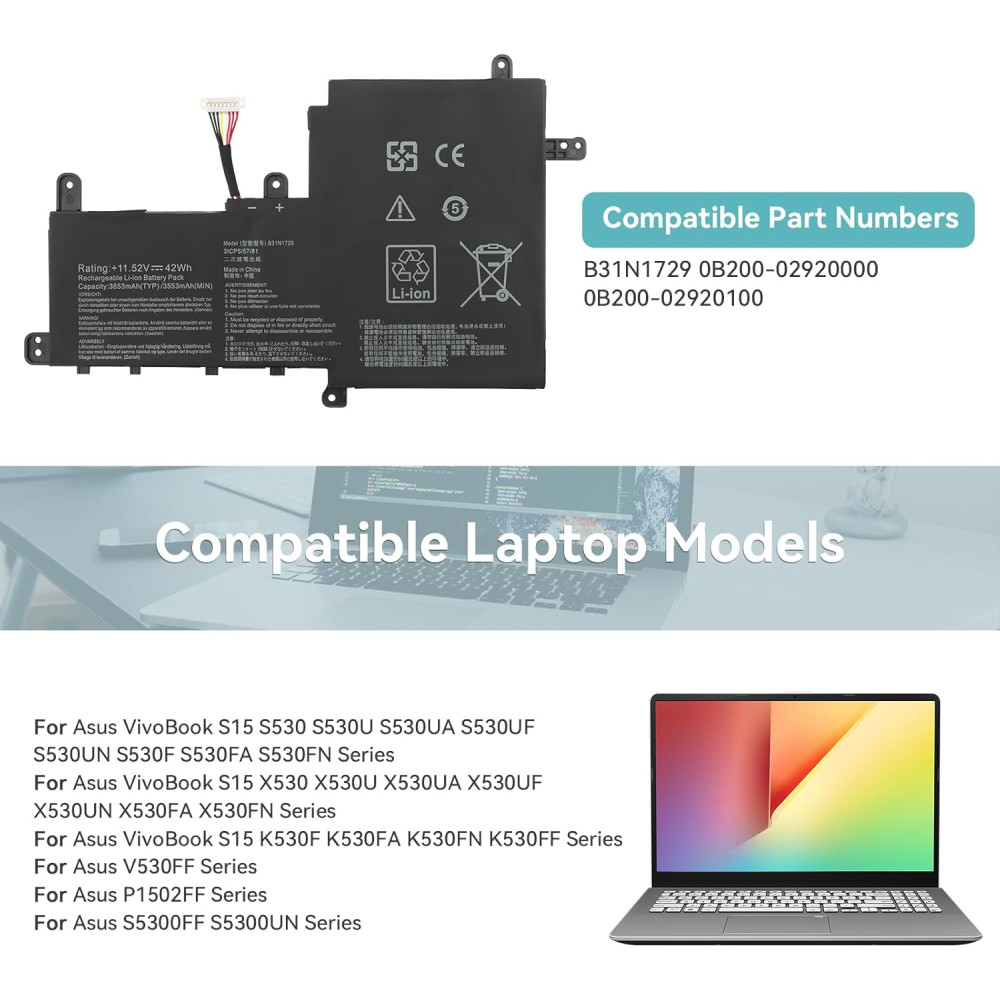 Аккумулятор Li ion B31N1729 для Asus VivoBook S15 S530 X530 K530 42Wh 3653 мАч