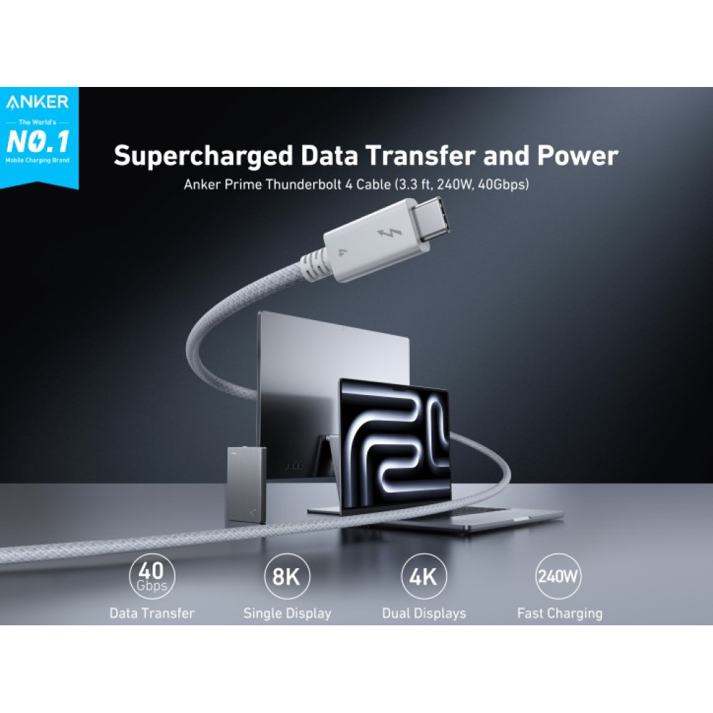 Кабель Anker Prime Thunderbolt 4 USB C to USB C 240W 40Gbps 1м поддержка 8K