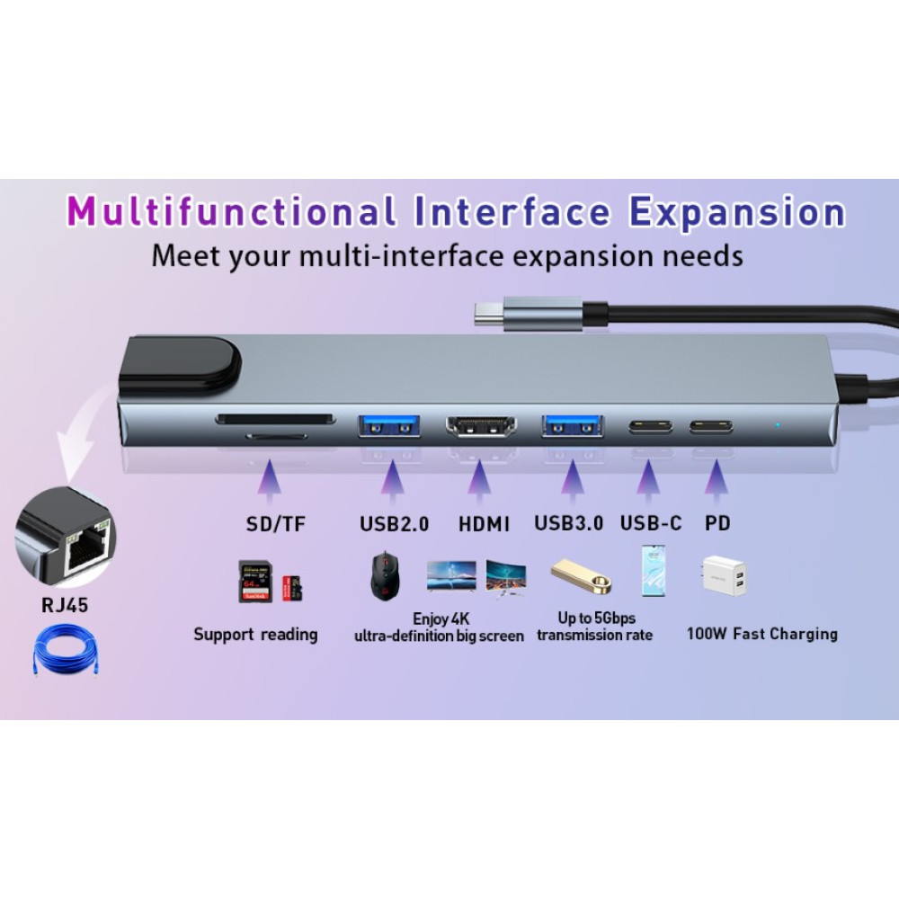 USB Hub Type-C кардридер-конвертер 8-в-1 MacBook, iPad. Ethernet, HDMI 4K
