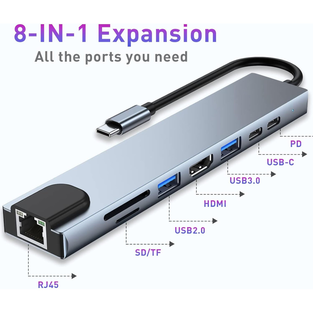 USB Hub Type-C кардридер-конвертер 8-в-1 MacBook, iPad. Ethernet, HDMI 4K