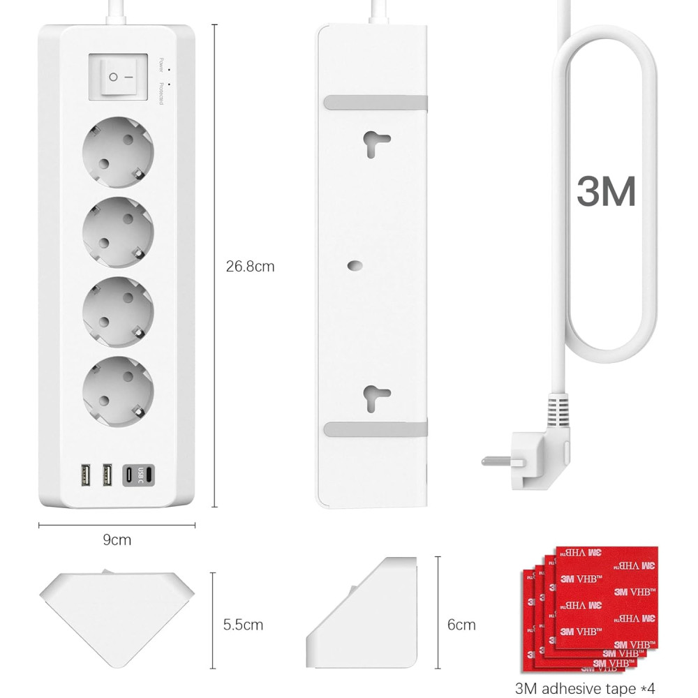 Угловой удлинитель SUDEERY 4 розетки + 4 USB 3680W 3 м с защитой от перенапряжения