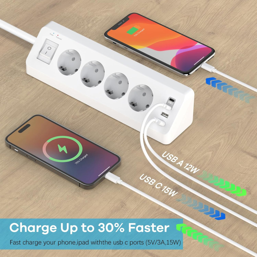 Угловой удлинитель SUDEERY 4 розетки + 4 USB 3680W 3 м с защитой от перенапряжения