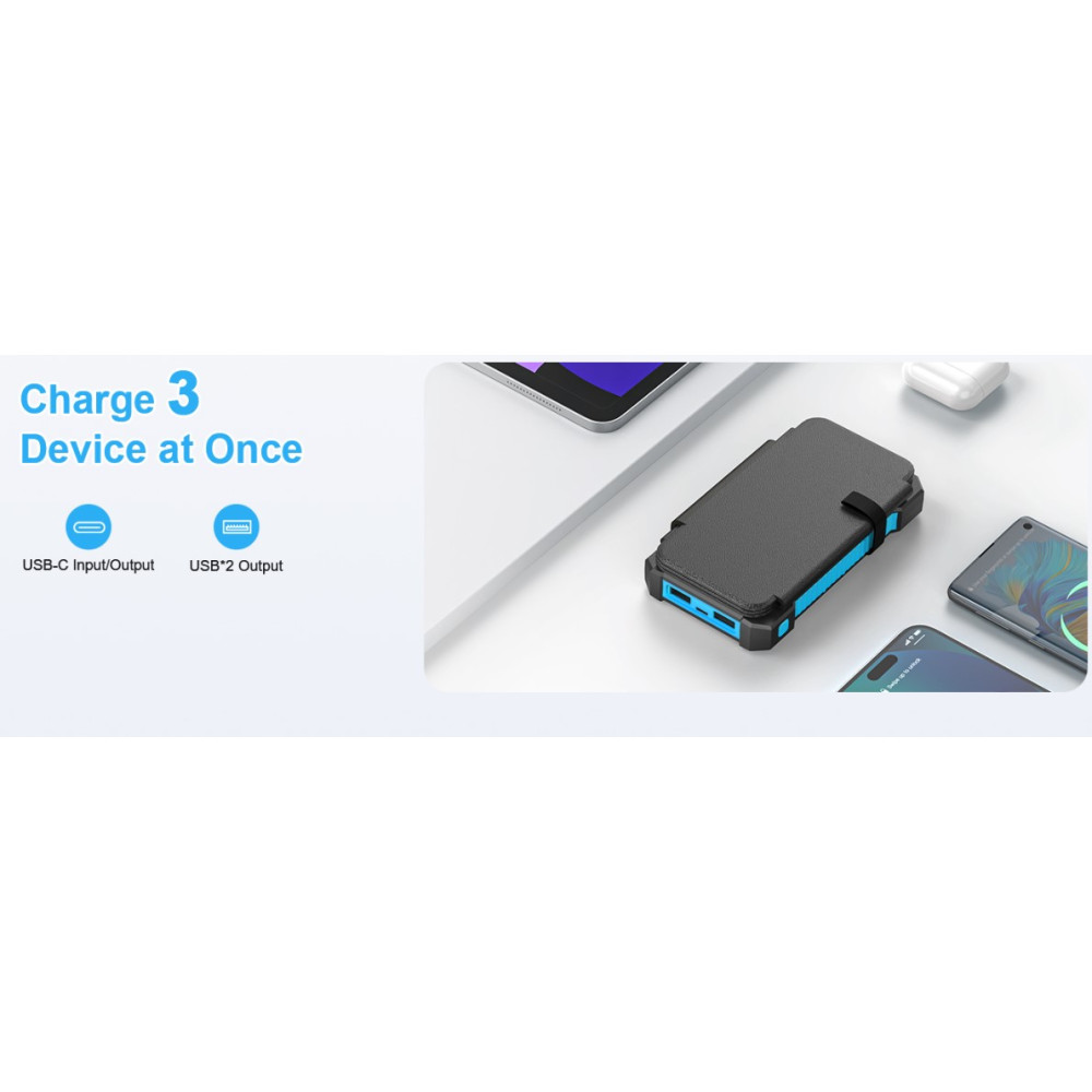 Солнечный Power Bank Повербанк 26800 мАh USB C 18W водонепроницаемый IPX7
