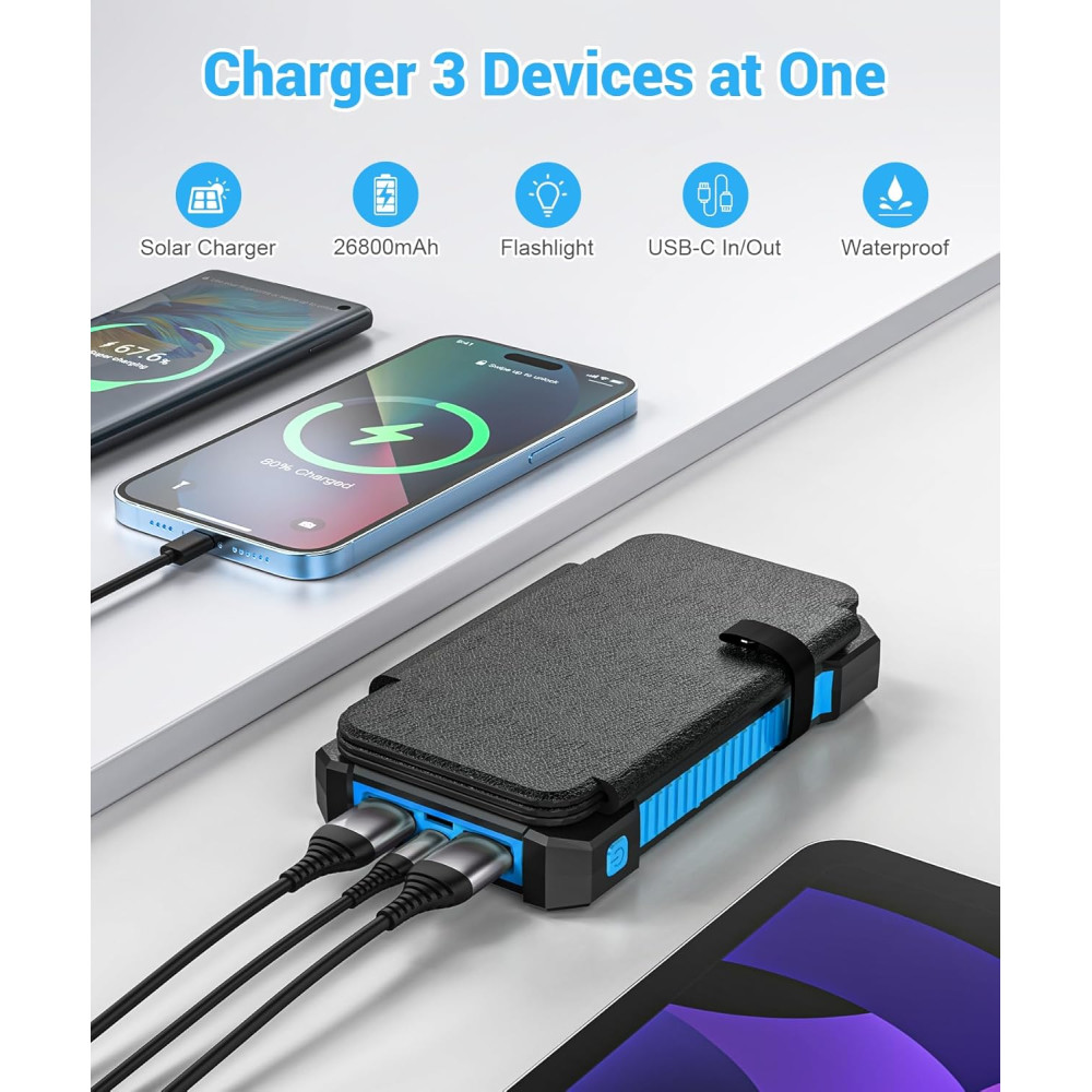 Солнечный Power Bank Повербанк 26800 мАh USB C 18W водонепроницаемый IPX7