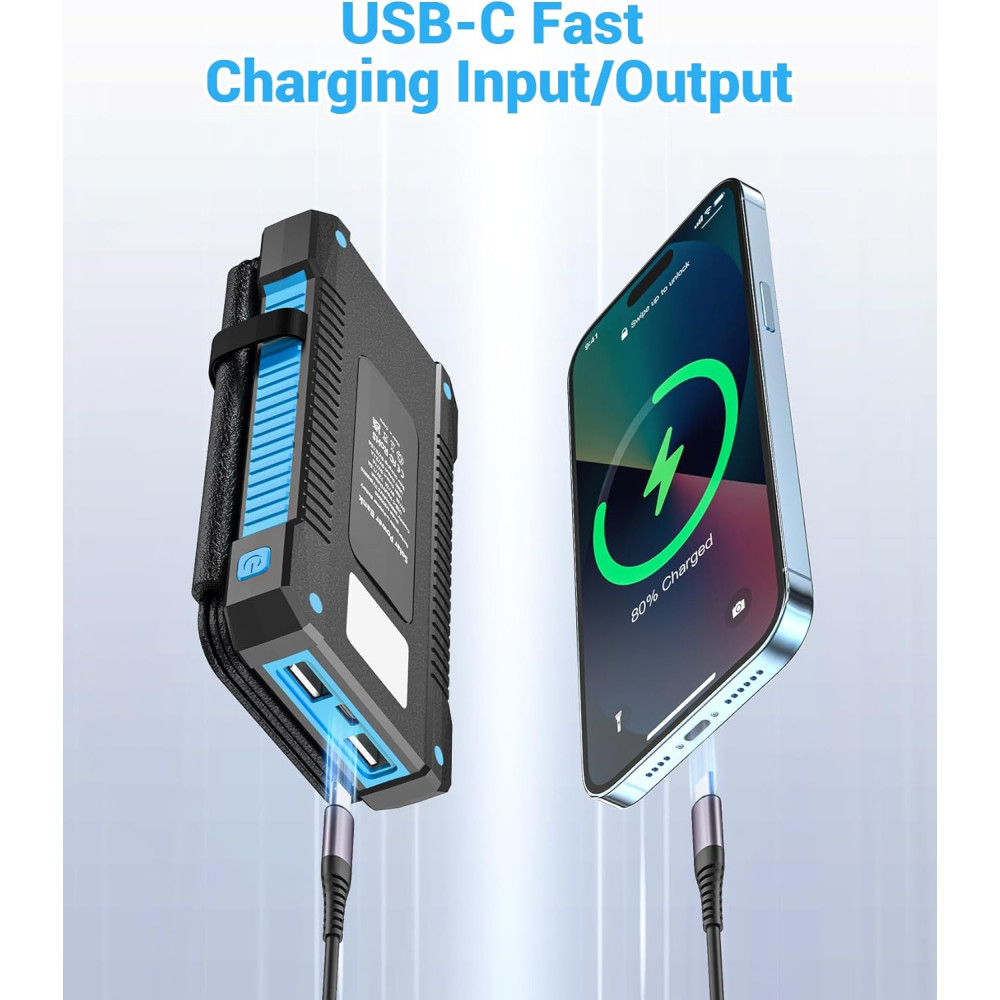 Солнечный Power Bank Повербанк 26800 мАh USB C 18W водонепроницаемый IPX7
