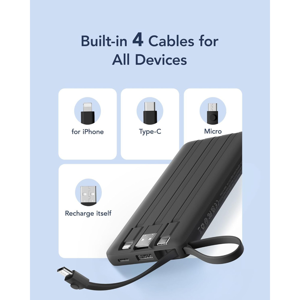 Power Bank Павербанк VRURC 10000mAh с кабелями 5-выходов, 2-входы