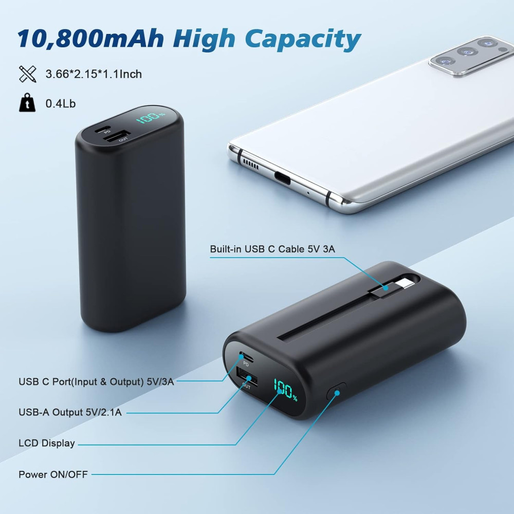 Power Bank Повербанк Ekrist 10800mAhз вбудованим USB C кабелем