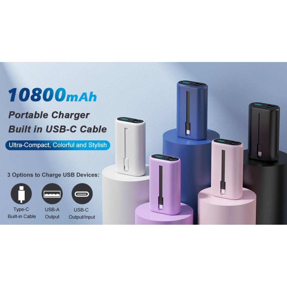 Power Bank Повербанк Ekrist 10800mAhз вбудованим USB C кабелем