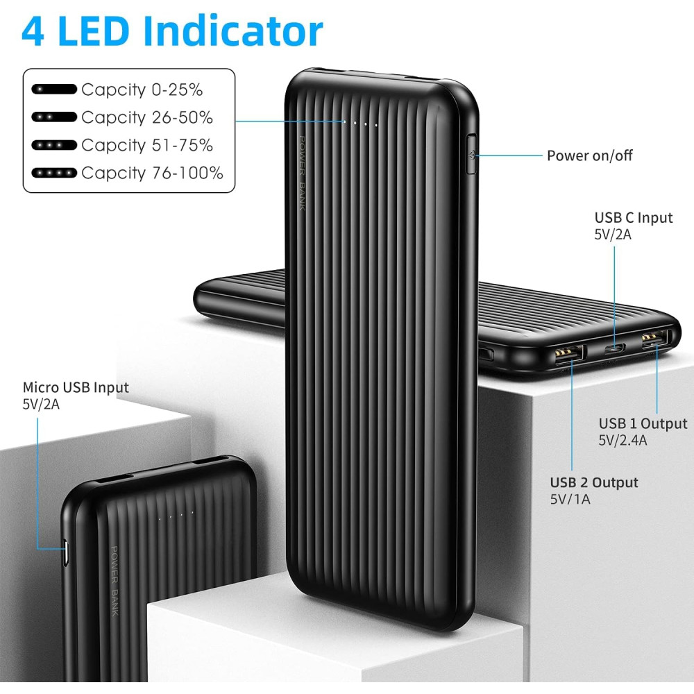 Power Bank Повербанк Ryzwoc 10000 мАh на 2 входа и 2 выхода с LED индикатором