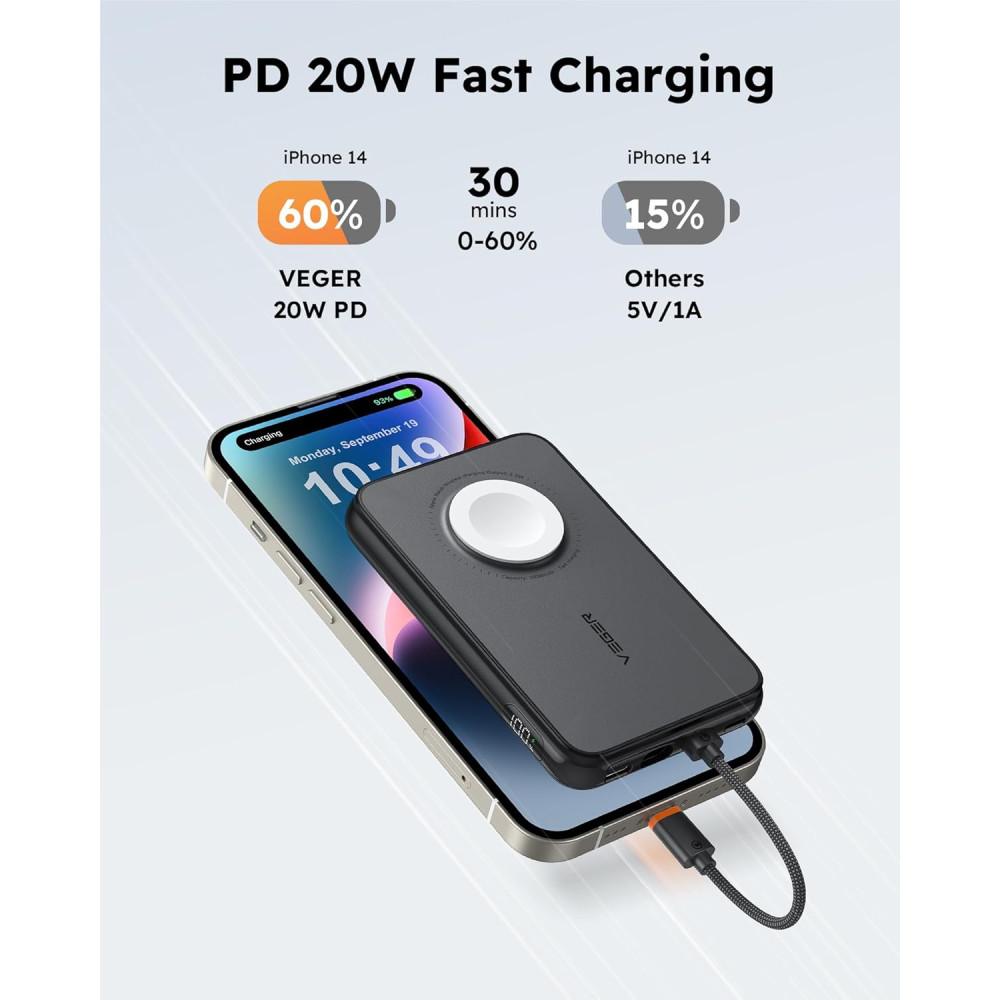 Power Bank Повербанк VEGER V1171 10000 мАh со встроенным кабелем iPhone Type C и быстрой зарядкой