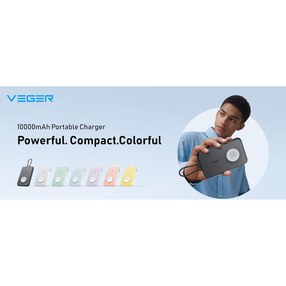 Power Bank Повербанк VEGER V1171 10000 мАh со встроенным кабелем iPhone Type C и быстрой зарядкой