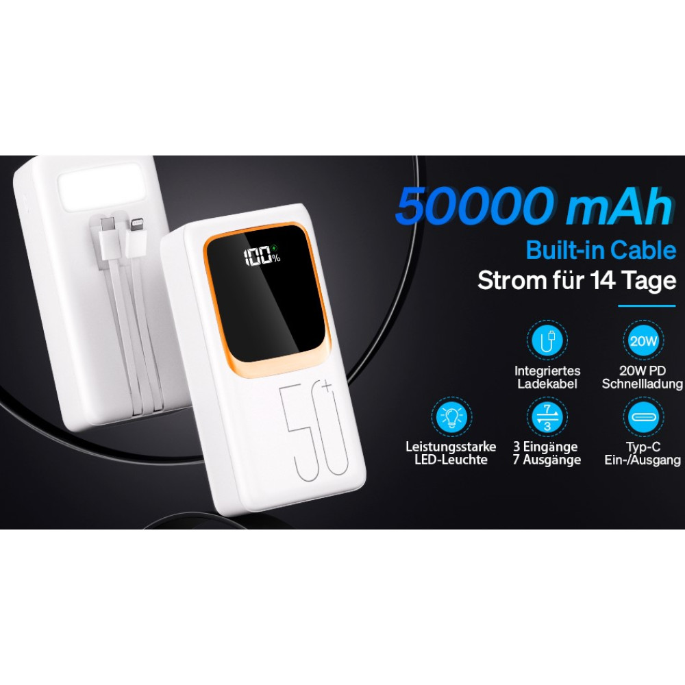 Power Bank Павербанк Powelephant 50000mAh с кабелями 22 5W быстрая зарядка