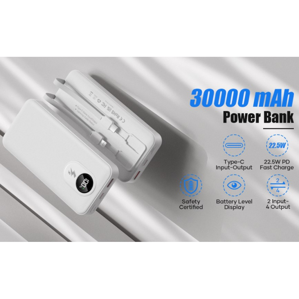 Уценка! Повербанк Powelephant 30000 мАч 22,5 Вт со встроенными кабелями Type C и Lightning