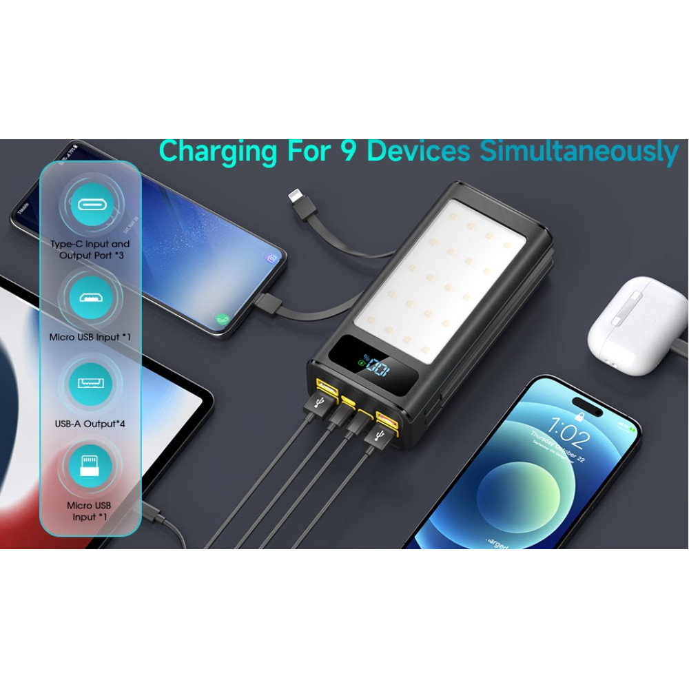 Power Bank Павербанк Tolibabay 56800 мАч 65 Вт, 9 портов зарядки