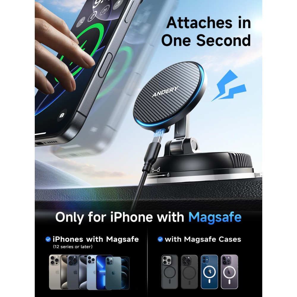 Магнитный автомобильный держатель и зарядка для iPhone ANDERY