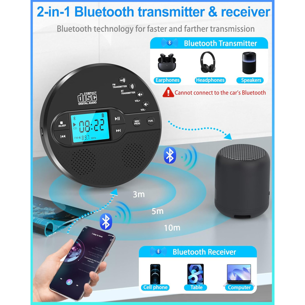 Аккумуляторный CD плеер Sunoony Bluetooth FM USB