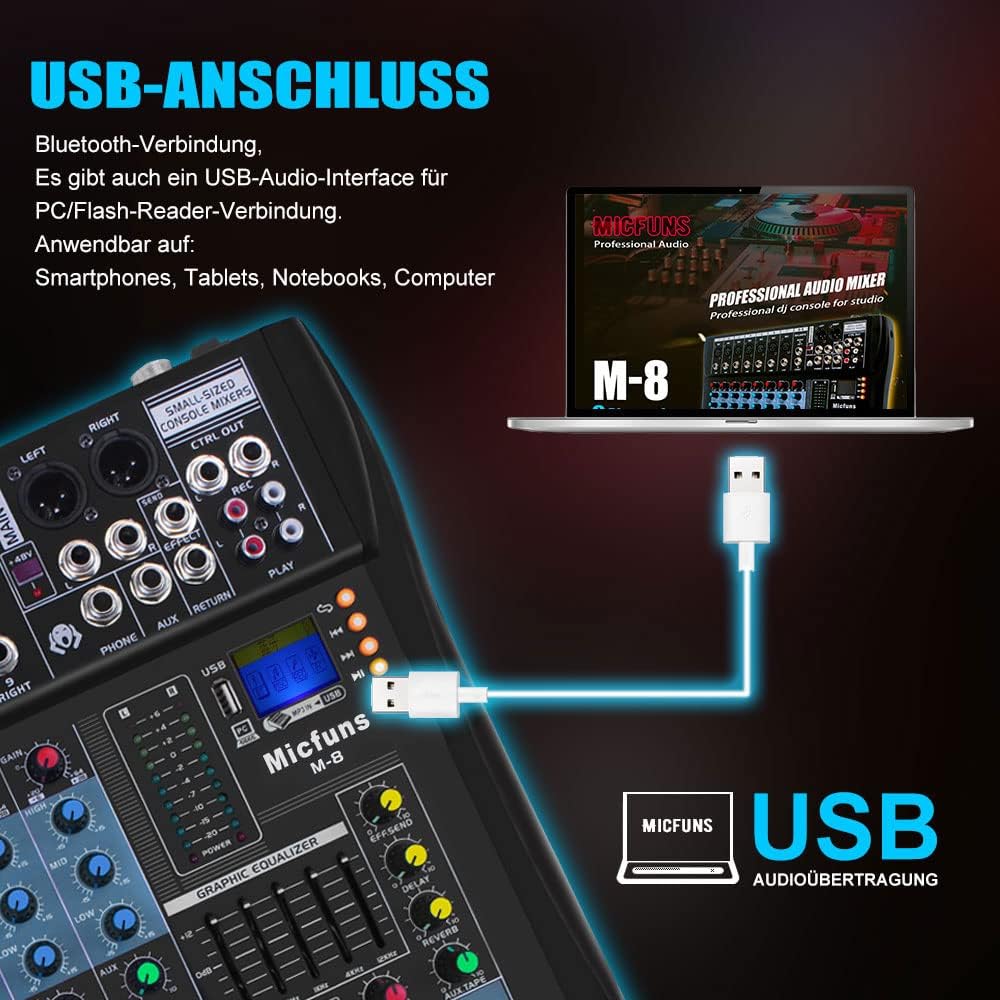 Професійний, 8-канальний стереомікшерний пульт Micfuns (Bluetooth, USB)